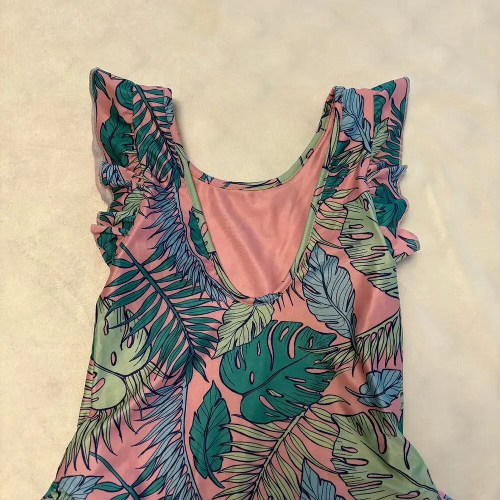 Boardies Apparel Pink Green Leafy Tropical One Piece Ruffle SZ 10-11 Scoop Neck